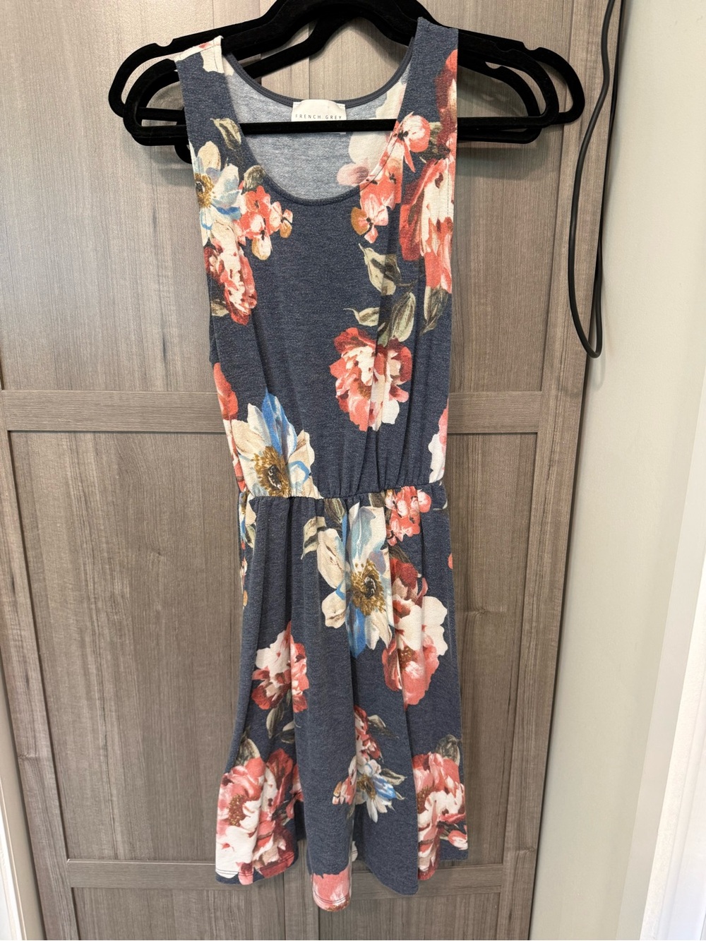 French Grey Navy Floral Sleeveless Mini Dress